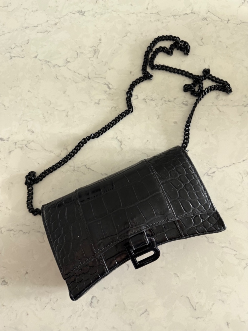 BALENCIAGA Crocodile Embossed Hourglass Chain Cross Body Bag Black - Picture 3 of 5
